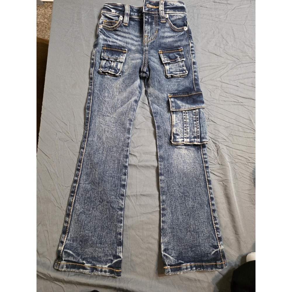 Fashion Nova Kids Girls Cargo Flare Jeans Size 4 Blue Acid Wash Utility Pockets